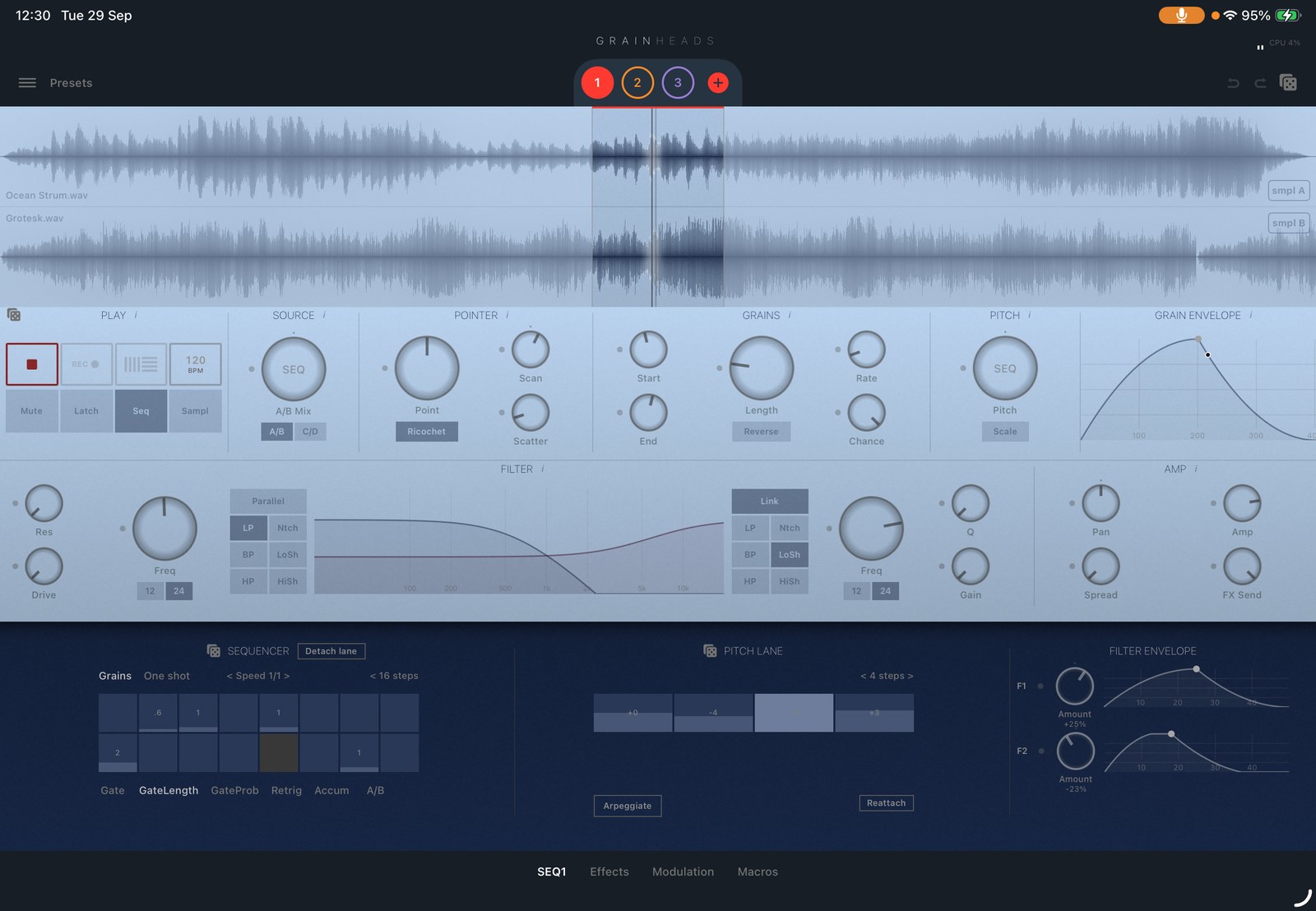GrainHeads running on an iPad: two loaded samples, three playheads, pointer and grain controls, dual filters, and the step sequencer with its parameter lanes.